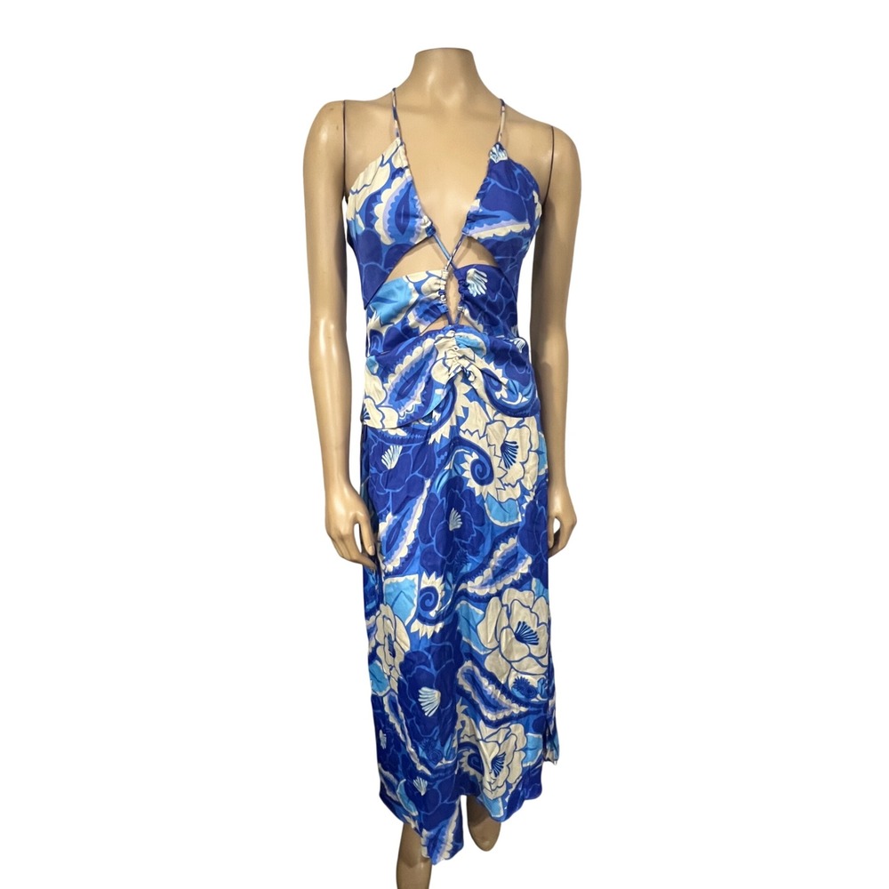 Farm Rio Blue Floral Cutout Halter Maxi Dress Tropical Print Boho Sleeveless | M - Picture 6 of 13